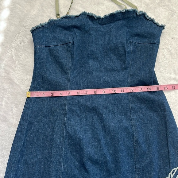 VTG 90's Women's Denim Camo Strap Mini Dress Raw Edge Casual Grunge Streetwear S - Picture 7 of 9